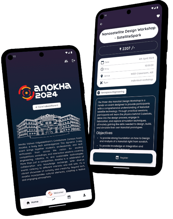 Anokha 2024 mobile app mockups.